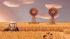 two windmills in the middle of a wheat field with a farmer's vehicle