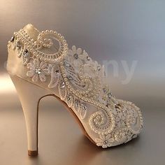 su.cheny 3" 4" heel satin white ivory lace pearls open toe Wedding Bridal shoes | eBay Wedding Heels With Pearl Embroidery And Open Toe, White Pearl Open Toe Heels, Party White Heels With Pearl Embroidery, White Pearl High Heels, White Pearl Open Toe Wedding Shoes, Formal White Pearl Wedding Shoes, White Heels With Pearl Embroidery For Formal Occasions, Formal White Heels With Pearl Embroidery, White Pearl Wedding Shoes For Bridal Shower