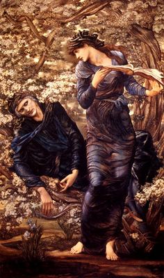 a painting of two women walking in the woods