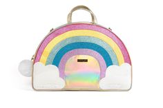 Any adventure begins well with the large Unicorn Rainbow Overnight Bag and the darling Unicorn Rainbow Cosmetic Bag! The Unicorn Rainbow Overnight Bag is best for your clothing and comes with a fluffy white poof and our Glimmer Wish gold heart charm that is fully detachable to clip on to anything you choose! The Unicorn Rainbow Cosmetic Bag is perfect for lipglosses and compacts or use it as a clutch to dress up any outfit! We recommend this set for all sleepovers, weekend trips and whenever you Travel Luggage Set, Unicorn Bag, Travel Team, Cotton Candy Sky, Childrens Rugs, Unicorn Rainbow, The Unicorn, Tiny Treasures, And So The Adventure Begins