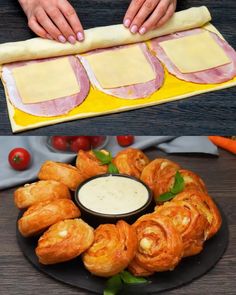 there are two pictures with different food items on the same plate, and one has meat wrapped in bread