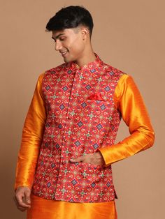 Vastramay Men's Maroon Color Patola Print Nehru Jacket Traditional Designer Outerwear For Festivals, Traditional Stand Collar Outerwear For Festive Occasions, Traditional Festive Outerwear With Stand Collar, Traditional Outerwear For Festive Occasion, Traditional Stand Collar Festive Outerwear, Traditional Festive Outerwear For Transitional Season, Traditional Outerwear For Festive Transitional Season, Traditional Nehru Jacket With Pallu For Diwali, Traditional Festive Outerwear With Traditional Patterns