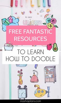 an open notebook with the title free fantastic resources to learn how to doodle