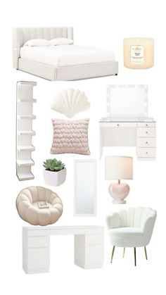 a bedroom with white furniture and accessories