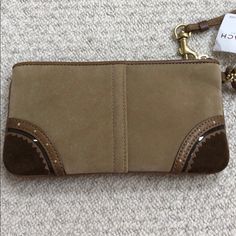 Brand New Coach Factory Wristlet Wallet In Suede. Tan And Brown Brown Clutch Wristlet For Everyday Use, Brown Clutch Wristlet, Brown Everyday Clutch Wristlet, Elegant Brown Leather Wristlet, Coach Clutch Wallet, Coach Leather Pouch Clutch, Coach Rectangular Leather Wristlet, Coach Leather Wristlet With Removable Pouch, Coach Leather Rectangular Wristlet