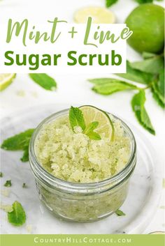 See how to make easy DIY mint sugar scrub with essential oils and coconut oil! Homemade peppermint body scrub has many skincare benefits. You can create easy variations like cucumber, lavender, lemon, vanilla, lime or eucalyptus. Fresh mint scrub also makes a great DIY gift idea. Comes with tips for how to use, packaging ideas, storage, shelf life and free printable labels. Great for legs, foot, hands and lips. #sugarscrub #bodyscrub #mintscrub #essentialoils #diygift | countryhillcottage.com Easy Diy Body Scrub, Sugar Scrub Diy Peppermint, Body Scrub Homemade Recipes, Mint Sugar Scrub, Peppermint Sugar Scrubs, Hadiah Diy