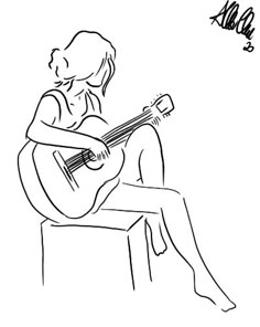 a drawing of a woman sitting on a bench playing the guitar with her hand and foot