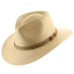 Authentic Aficionado is a safari-style fedora with a reinforced hand blocked teardrop crown that features a wide fixed brim, padded twill sweatband, and a rustic braided rope hatband. The brim is fixed down in the front and back while containing a wire to hold its shape. This item is a genuine Panama Hat handwoven in Ecuador. Material: 100% Toquilla Straw Brim: 3” fixedCrown: 4 1/4” teardropHatband: 5/8” braided ropeClimate: Sun Handwoven in Ecuador. Hand-finished in the US. Measurements are app Casual Toquilla Straw Hat For Ranch, Western Braided Fedora With Short Brim, Western Style Fedora With Short Brim And Braided Detail, Casual Panama Hat With Flat Brim For Ranch, Casual Flat Brim Panama Hat For Ranch, Casual Fedora With Curved Brim For Ranch, Casual Panama Hat With Short Brim For Ranch, Adjustable Short Brim Safari Fedora, Western Fedora With Braided Flat Brim