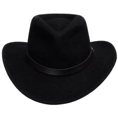 This genuine wool felt hat is trimmed with a genuine leather band. Packable, lightweight with water repellent. It's rugged enough to be folded, stuffed, and then shaken back into its original shape. (Happens to the best of us.) You can wear it with anything - shorts, jeans, formal or informal occasions, and even a business suit. Made in the USA. Material: 100% WoolBrim: 3"Crown: 4 3/8" teardropHatband: 3/4" leatherClimate: Cold Hand-finished in the US. Country Style Hats For Travel In Winter, Country Style Winter Travel Hat, Wool Felt Hat For Rodeo In Winter, Winter Outdoor Fedora With Curved Brim, Country Style Hat Bands For Winter Travel, Black Leather Travel Hat, Country Style Winter Felt Hat For Travel, Country Style Felt Hat For Winter Travel, Winter Outdoor Felt Hat With Flat Brim