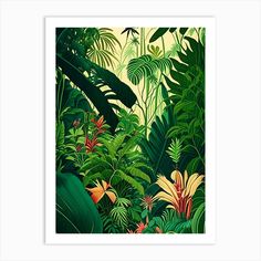 an image of a jungle scene with tropical plants and flowers in the foreground, framed in white wood