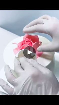 a person in white gloves holding a pink rose on top of a plate with one hand