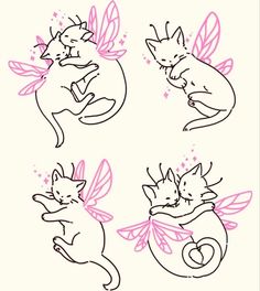 four drawings of cats with wings and tails