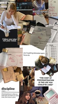 a collage of photos with people writing on paper and other things in the background