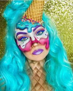 Ice cream #Costumemakeup Halloween Zombie Makeup, Ice Cream Costume, Ice Makeup, Carnaval Make-up, Makeup Zombie, Fantasy Make-up, Halloweenský Makeup, Halloween Make-up Looks, Cool Halloween Makeup