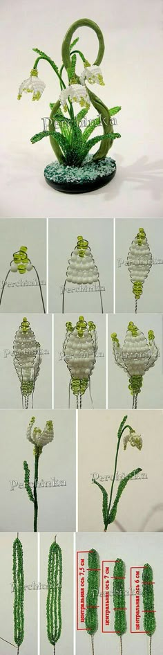 the process of making an artificial flower arrangement with beads and wire, is shown in multiple stages