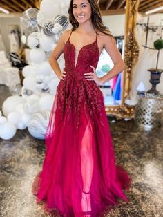 Long A-line V Neck Backless Tulle Lace Prom Formal Evening Dress with Slit-BIZTUNNEL Prom Dresses Long Burgundy, Best Formal Dresses, Split Prom Dresses, Make Your Own Dress, Backless Prom Dresses, Burgundy Lace, Cheap Prom Dresses, Tulle Lace, Evening Dresses Long