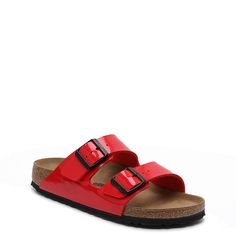 Birkenstock-Arizona Slide Sandal - Women's The classic footbed sandal look from Birkenstock never goes out of style! Comfy and versatile, the women's Arizona flat sandal will become your new go-to slide! Casual Red Sandals With Adjustable Strap, Red Sandals With Adjustable Strap And Round Toe, Adjustable Flat Footbed Sandals With Cushioned Footbed, Adjustable Flat Sandals With Cushioned Footbed, Red Synthetic Sandals With Textured Footbed, Footbed Sandals, Birkenstock Arizona, Out Of Style, Flat Sandals