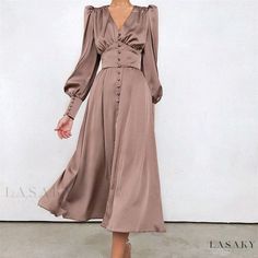 Lasaky - Silk Vintage Long Dress with Lantern Sleeves, Waist-Defining Fit Puff Long Sleeve Dress, Midi Dress Chic, Long Dresses Elegant, Robes Vintage, Glamour Vintage, Satin Dress Long, Elegant Midi Dresses, Puff Long Sleeves, Stil Elegant