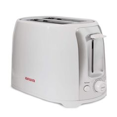 a white toaster with red lettering on the front and side panel, sitting on a white surface