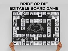 a person holding up a board game that says bride or die edittable board game