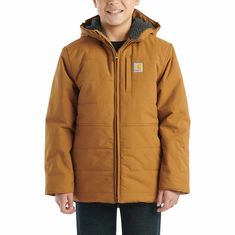 Send your child out the door all nice and bundled up in this boys' Carhartt insulated hooded jacket. Cold, gusty, rainy days are no match for its weather-ready, wind-conquering design. The fleece lining keeps it warm on the inside, while the water-repellent nylon shell toughs it out against the elements. FeaturesShell: Midweight, 100% nylon woven; Polyester sherpa fleece body and hood lining; Quilted polyester taffeta sleeve lining for easy on and offRain Defender® durable water repellent (DWR) technology forces light rain and water to bead up and roll right offWind Fighter® technology tames the windTriple-stitched main seamsFull zip with hoodHidden elastic cuffsLeft-chest zip pocket; Hand pocketsCarhartt label sewn on left chestInner name tag labelMachine washableCountry of Origin: Import Boy Outerwear, Girls Outerwear, Kids Outerwear, Knit Sleeve, Boys Coat, Athletic Outfits, Sherpa Fleece, Name Tag, Rainy Days