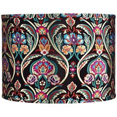 a black lamp shade with colorful flowers on it