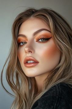 Makeup Ideas For Fall Wedding, Makeup Photo Shoot Ideas, Headshot Makeup Ideas, Fall Smokey Eye Makeup, Peachy Eye Makeup, Cinnamon Makeup, Peach Makeup Look, Pumpkin Makeup, Thanksgiving Makeup