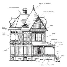 an architectural drawing of a victorian house with all the details labeled in english and spanish