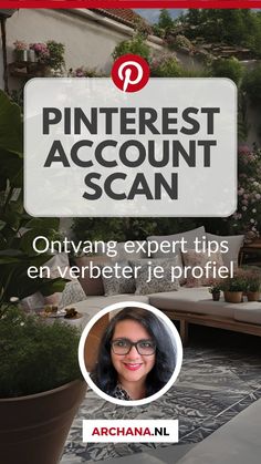 an advertisement for the pinterest account scan with a woman in front of potted plants