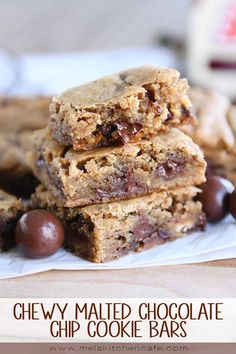 chewy malted chocolate chip cookie bars stacked on top of each other