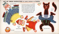 an old children's book with pictures of animals and people in costumes on it