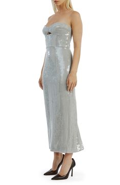 Achieve event-ready perfection in this strapless, curve-skimming dress covered in glossy sequins and detailed with a keyhole cutout under the bust. Exposed back-zip closure Sweetheart neck Strapless Lined 100% polyester Hand wash, line dry Imported Elegant Metallic Strapless Dress For Cocktail, Strapless Sequin Dress For Evening Formal, Glamorous Sequin Dress With Straight Neckline, Glamorous Strapless Sequin Evening Dress, Evening Strapless Dress With Sequins And Sweetheart Neckline, Strapless Sequin Dress With Sweetheart Neckline For Evening, Strapless Party Dress With Sequins And Straight Neckline, Party Strapless Dress With Straight Neckline And Sequins, Strapless Sweetheart Neckline Dress With Sequins For Evening