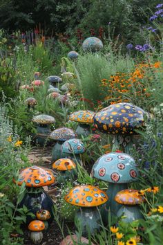 many colorful mushrooms are growing in the garden