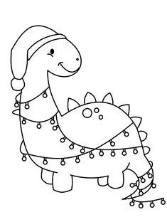 a black and white drawing of a dinosaur with a christmas hat on it's head