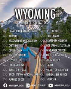 two women holding hands on the side of a road with mountains in the background and text that reads wyoming bucket list locations