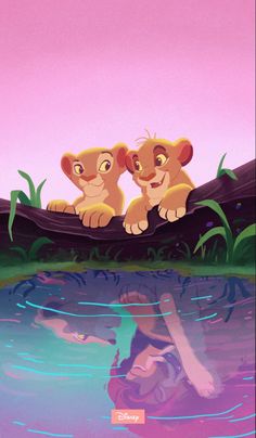 the lion king and cub are sitting on a log in the water, looking at each other