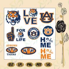 the auburn tigers stickers are on display in front of a white background with black and orange flowers