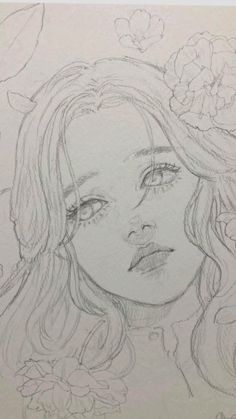 a pencil drawing of a girl with flowers in her hair and the words, i love you