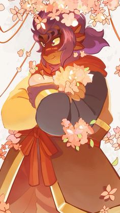 an anime character with flowers on her head and arms, holding a flower in her hand