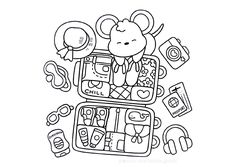 a black and white drawing of a monkey in a suitcase filled with items to travel around the world