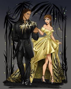 a man in a tuxedo and a woman in a golden dress