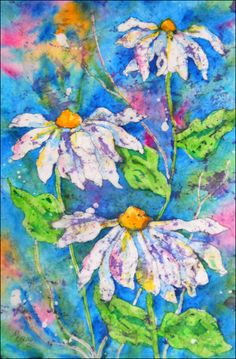 three white flowers with green leaves on a blue and pink background, painted in acrylic paint