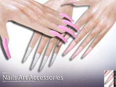 an advertisement for nails art accessories with pink and white nail polishes on their hands