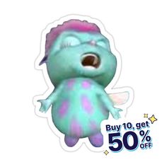 a sticker with an image of a blue and pink monster on it's face