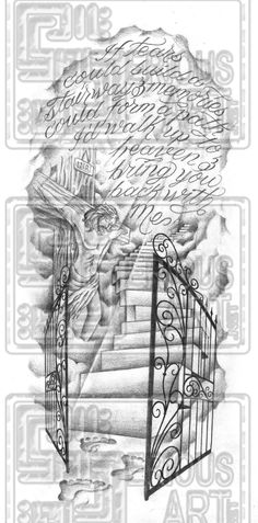 a drawing of an iron gate with the words above it