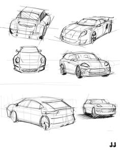 some sketches of cars that are in different positions and sizes, including the hoods