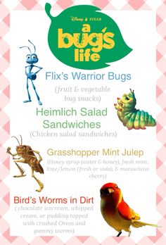 the bugs life menu is shown in pink and white