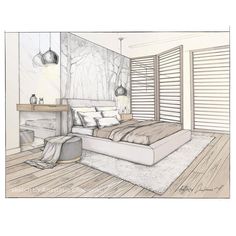 a drawing of a bedroom with wood flooring and white walls, along with a large bed