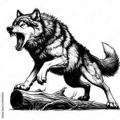 a black and white drawing of a wolf jumping over a log with its mouth open