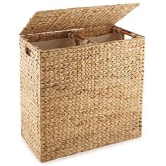 a large woven basket with two handles on the bottom and an open lid for storage